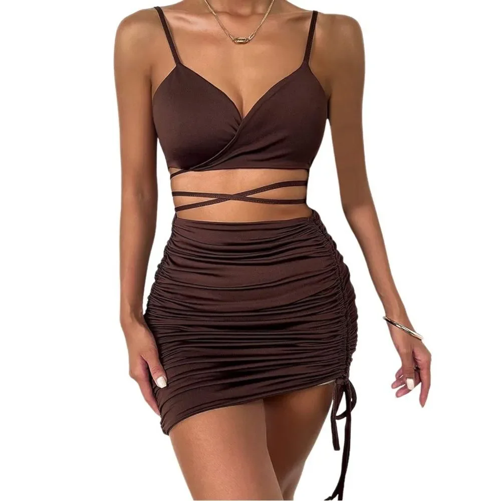 Streetwear Society Brown Side Ruched Wrap Around Bodycon Mini Dress